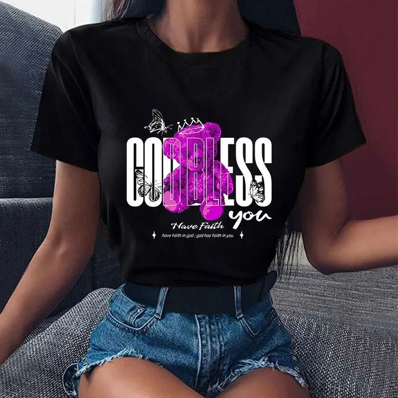 

Tees For Women Crown Bear Butterfly Graphic Tshirts Woman High Quality Cotton Print Short sleeve Harajuku O-neck футболка Summer