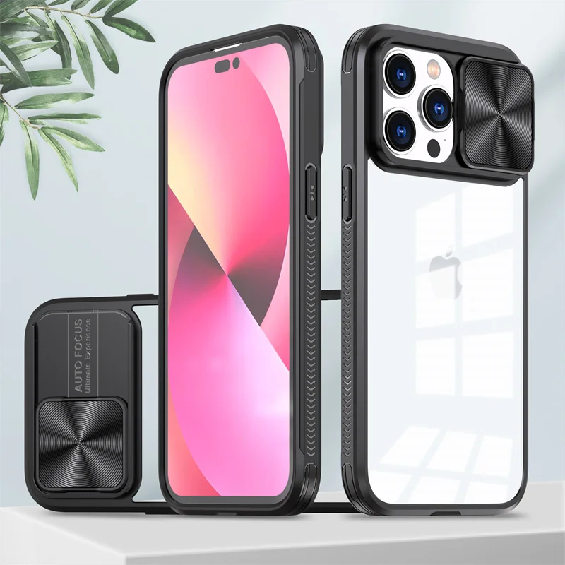 

For iPhone 14 Pro Max Case Slide Camera Lens Protection Armor Clear Phone Case For iPhone 14 iPhone14 Plus PC Hard Back Cover