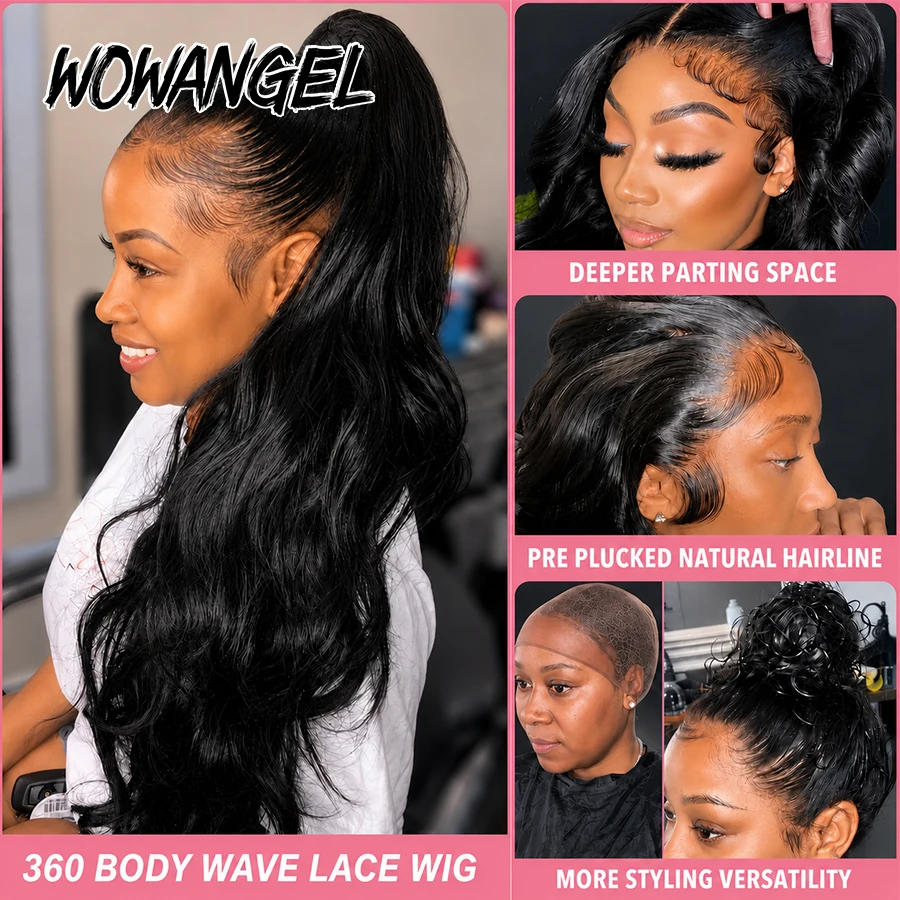 Фото WOWANGEL 360 Full Lace Frontal Body Wave Wig Human Hair Invisi Drawstring Glueless HD Lace Preplucked Natural Hairline For Women №3