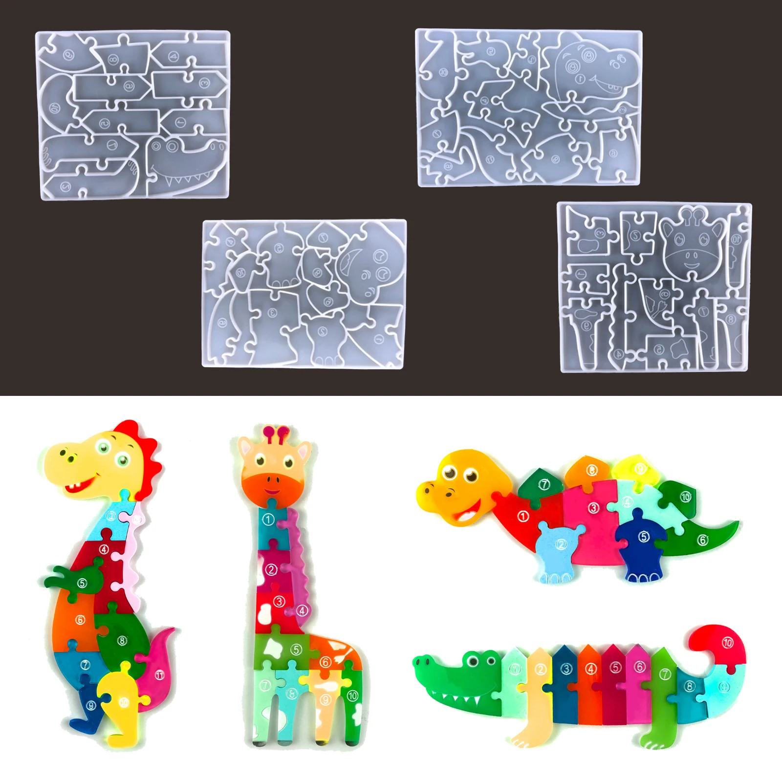Dinosaur Puzzle Resin Mold DIY Giraffe Crocodile Puzzle Game Children Jigsaw Silicone Mold Toddler Kids Spelling Tools