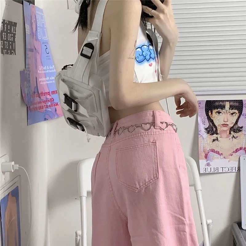 

Autumn Pink Denim Jeans Women Casual Kawaii Pants Wide Leg Denim Pants Streetwear Loose Lady Trousers Korean Fashion New