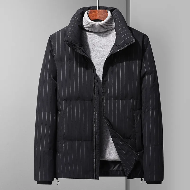 Winter Men Black Striped Thermal Puffer Jackets Thick Warm Puff Padded Basic Coats Male Smart Casual Business Quilted Outerwear
