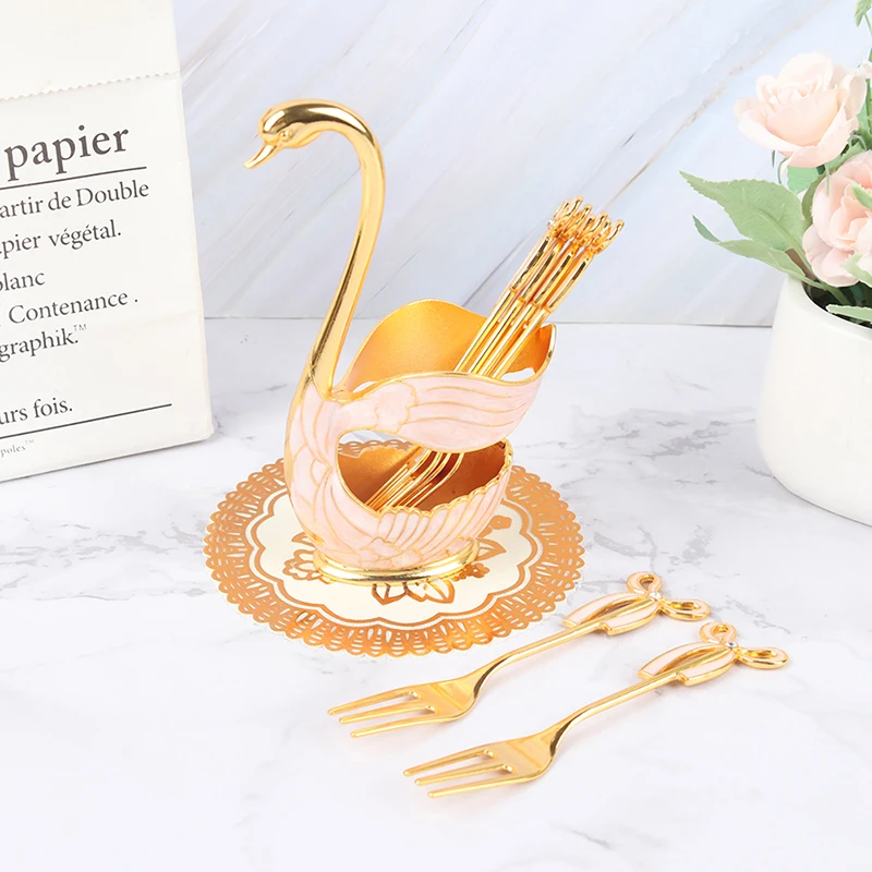Набор золотых кофейных десертных ложек подставка под лебедь 6 для мороженого