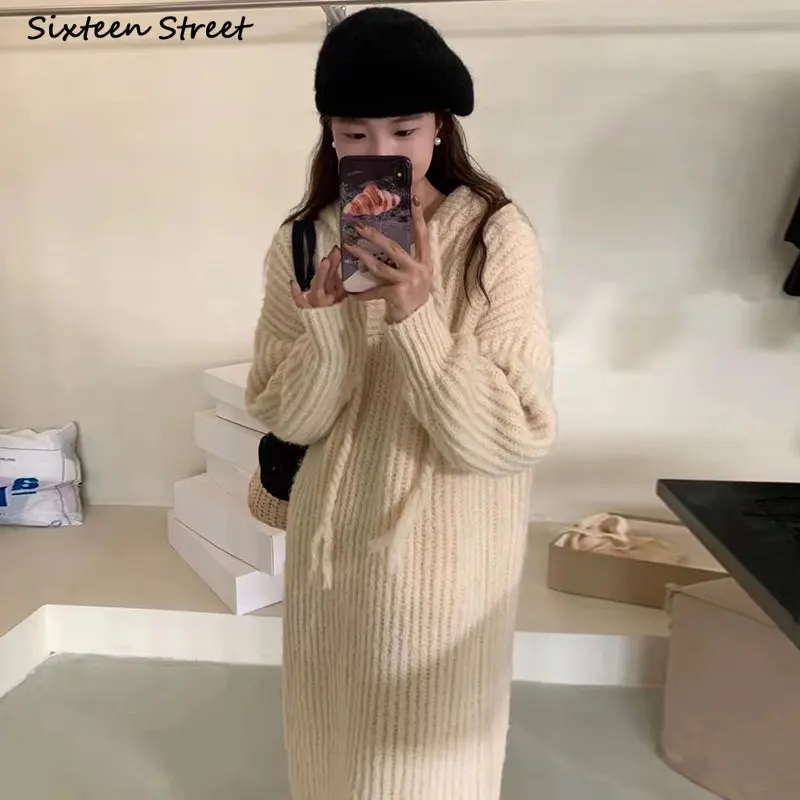 

Женское вязаное платье с капюшоном, Элегантное Длинное свободное серое вязаное платье, пуловер в Корейском стиле для осени и зимы, 2022