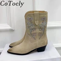 high quality short boots woman cow suede embroider cowboy boots woman pointed toe booties female square heels knight boots