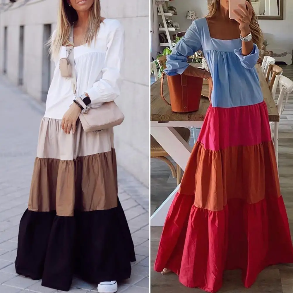 

Stylish Contrast Colors Large Hem Long Dress Long Dress Vintage Solid