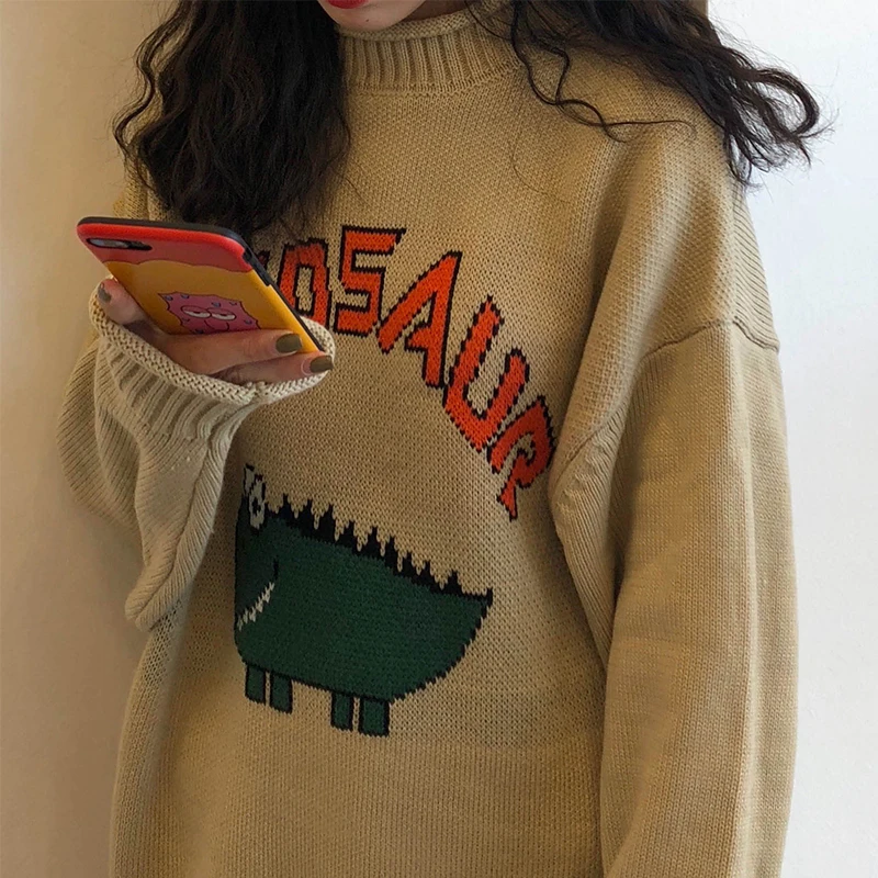 

Dinosaur Sweaters Harajuku Winter Fashion Vintage Letter Print O-neck Pullover Long Sleeve Loose Knitted Oversize Women Clothing