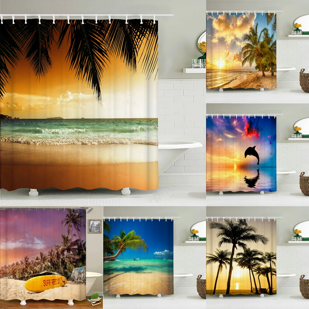 

Sunset Dusk Beach Palm Tree Shower Curtain Seaside Scenery Print Waterproof Bathroom Curtains with 12 Hooks for Bath Decoration