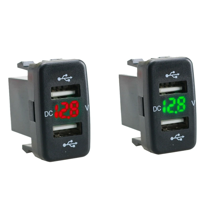 

2 Pcs Car Charger Socket Dual Usb Port Charging Volt Display Adapter Fit For Toyota Red & Green