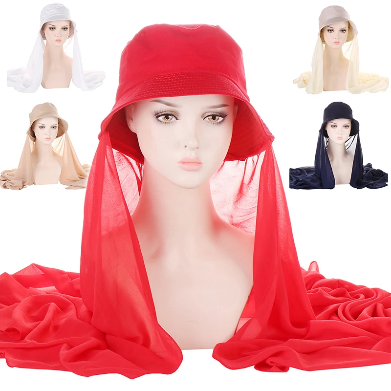 

Musilm Women Chiffon Hijab Bucket Hat Solid Color Ready To Wear Fisherman Caps Female Headscarf Sun Protection Hadwraps HIjabs