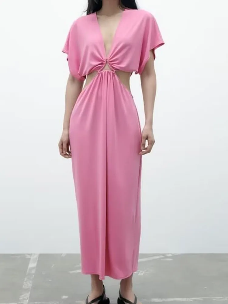 

Женское плиссированное платье миди с V-образным вырезом и коротким рукавом