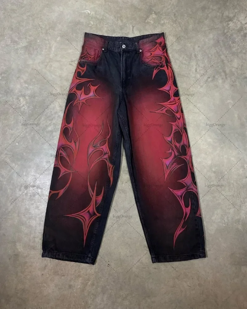 Y2K Свободные джинсы в готическом стиле панк с принтом Уличная одежда Прямые брюки