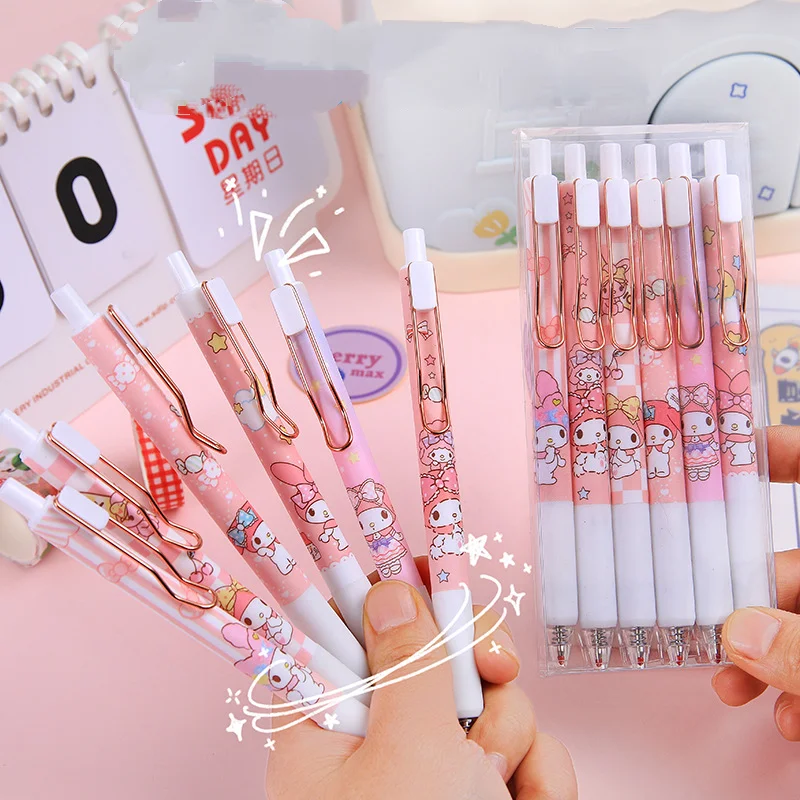 

6Pcs Kawaii Hello Kitty My Melody Neutral Pen Anime Cinnamoroll Kuromi Black 0.5Mm Press Gel Pen Cute Study Office Stationery