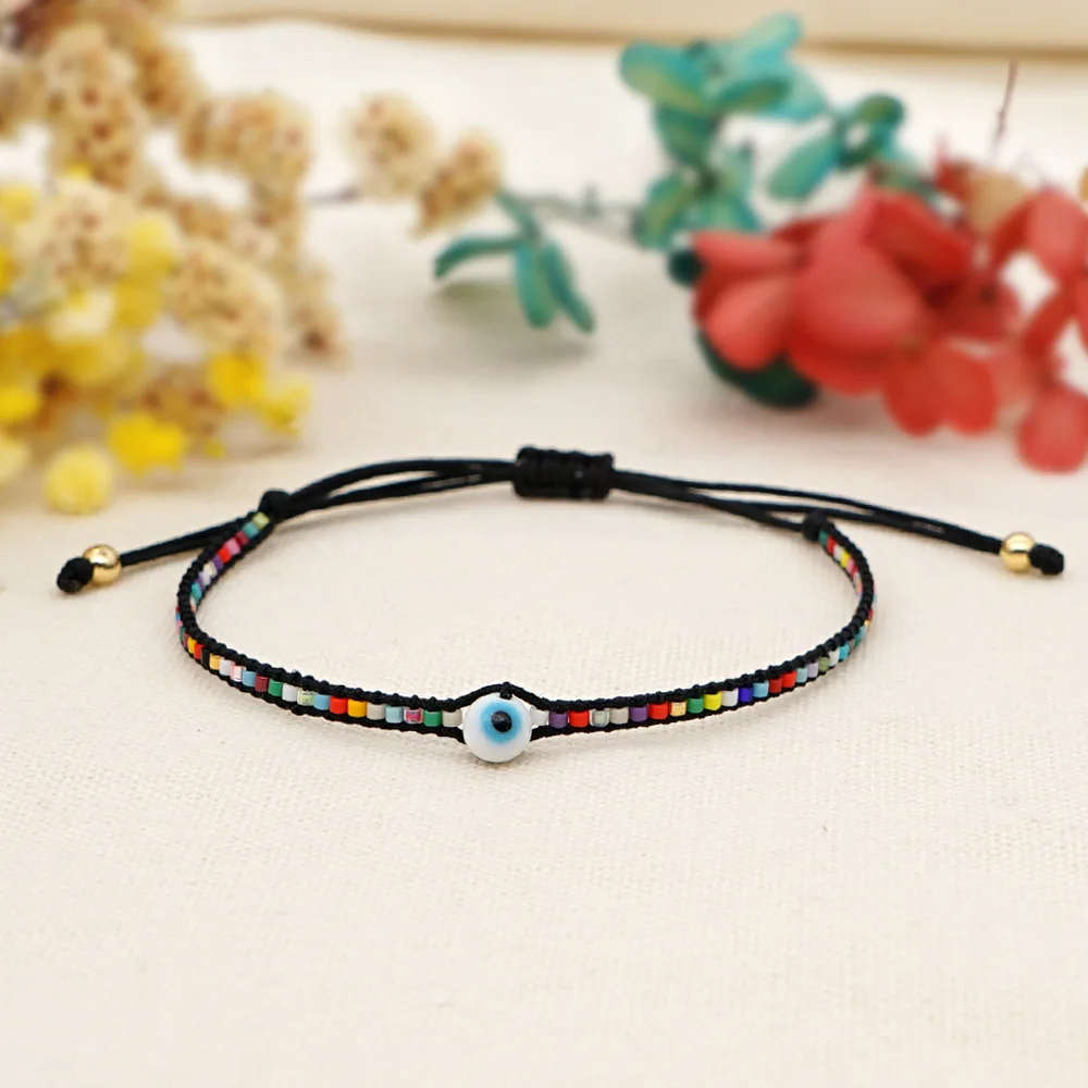 

Miyuki Rice Beads Small Bracelet Handmade Ethnic Style Beaded Turkish Devil's Eye Blue Eye Jewelry Women Bracelet