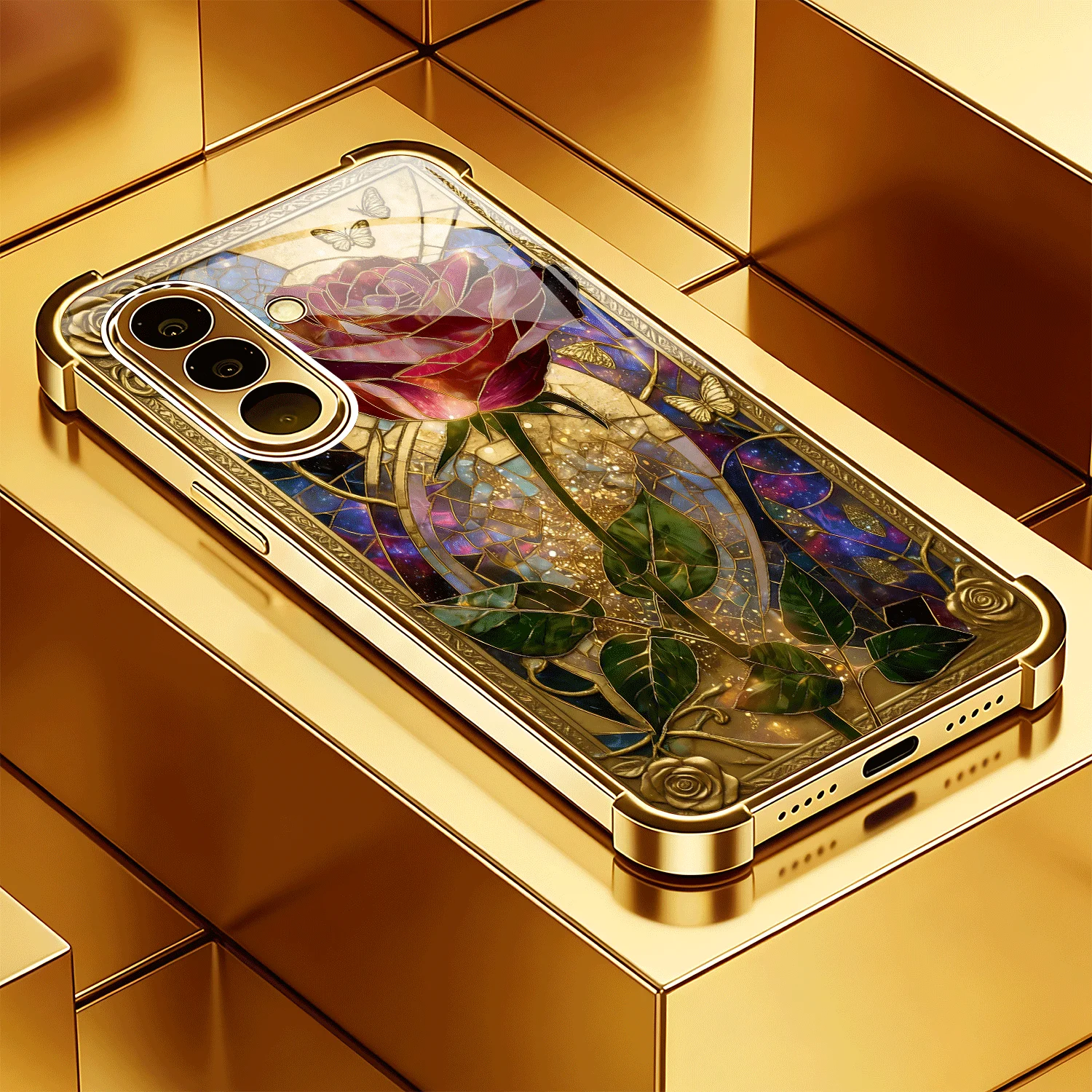 Фото Художественное изделие из стекла с золотой окантовкой и рисунком роз, с золотистыми гальванически покрытыми углами. Подходит для Samsung Galaxy S21/22/23/24/25 PLUS/S21 №5