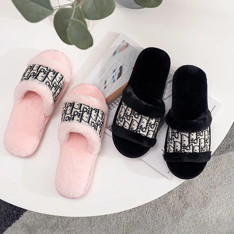 

Flat Slipper Home Non-slip Rabbit Fur Fashion Open Cotton Slippers Furry Slides Shoes for Women Sandals Warm Home Slippers