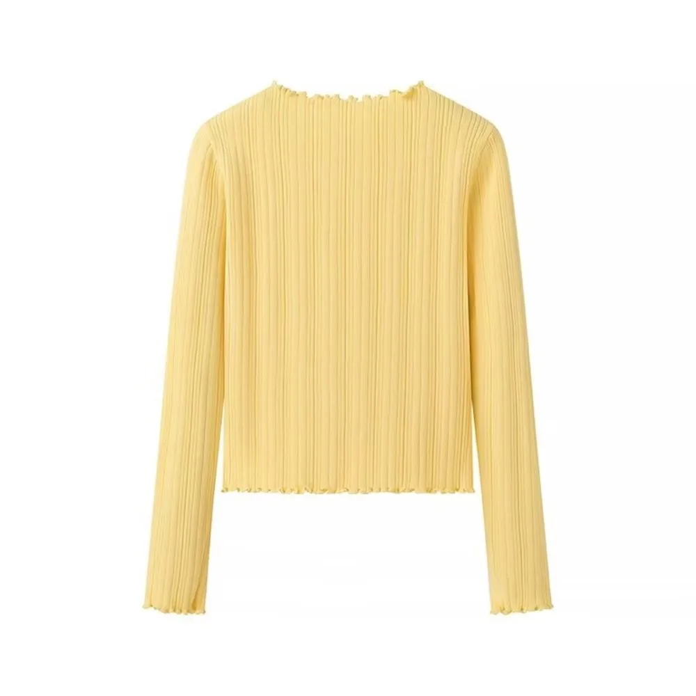 2 шт. 1 комплект женский желтый вязаный свитер в рубчик с деревянными ушками и