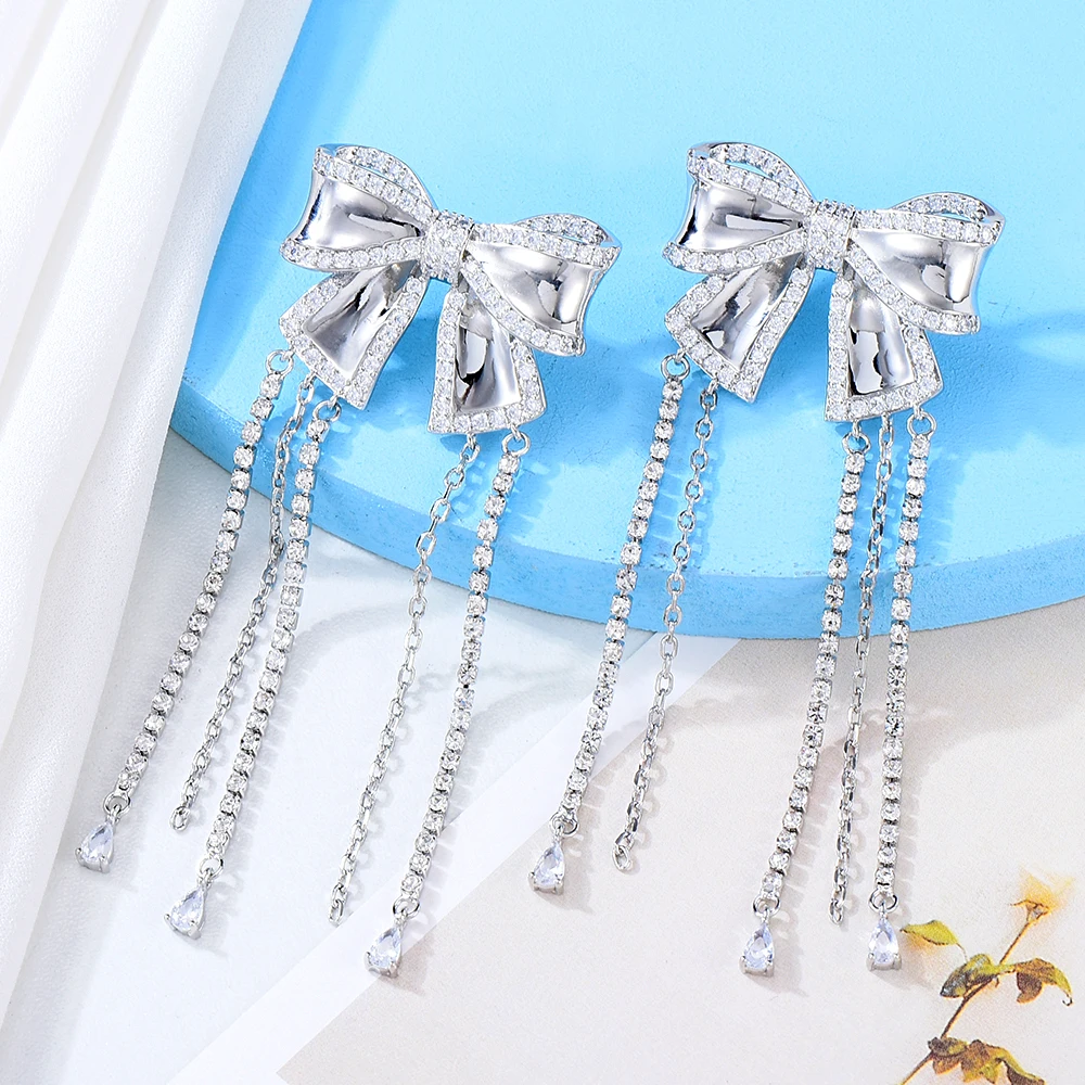 

Missvikki Luxury Bowknot Fashion Tassel Earrings Colorful Full Mirco Black Cubic Zirconia European Wedding Fashion Jewelry