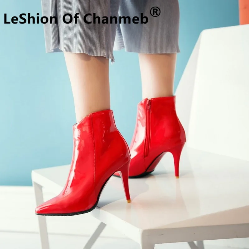 

LeShion Of Chanmeb Women Patent Leather Ankle Boots Spike Heel Pointy Toe White Red Black Boot Thin High Heels Shoes Autumn 2022