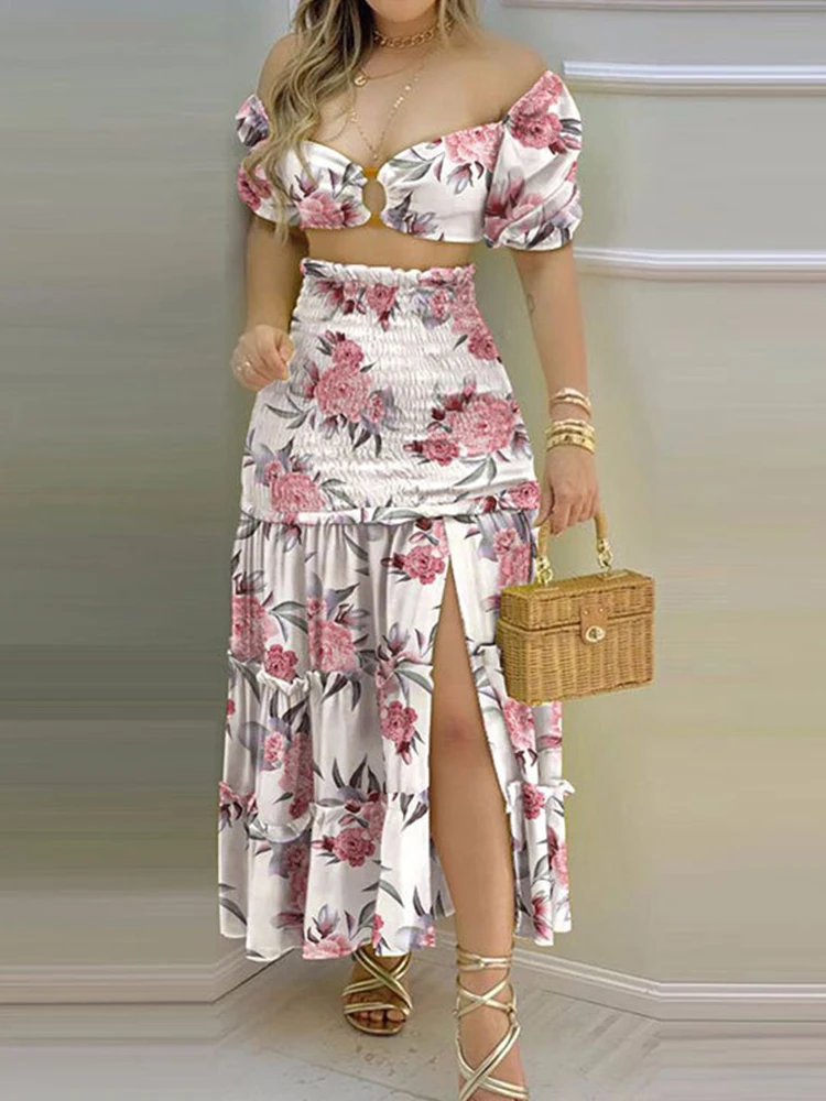 

Skirt Sets for Women Summer New Fashion Holiday One Shoulder Printed Shirt Tops with Split Skirt Suit Women Two Piece Set