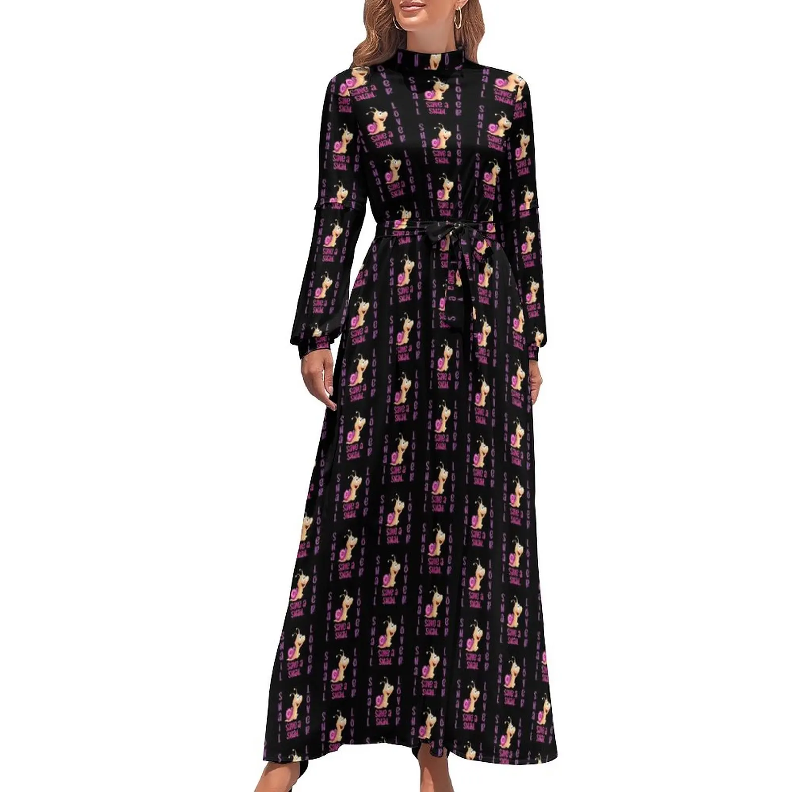

Snail Lover Dress Cute Animal Print Streetwear Bohemia Dresses Womens Long-Sleeve High Waist Trendy Long Maxi Dress