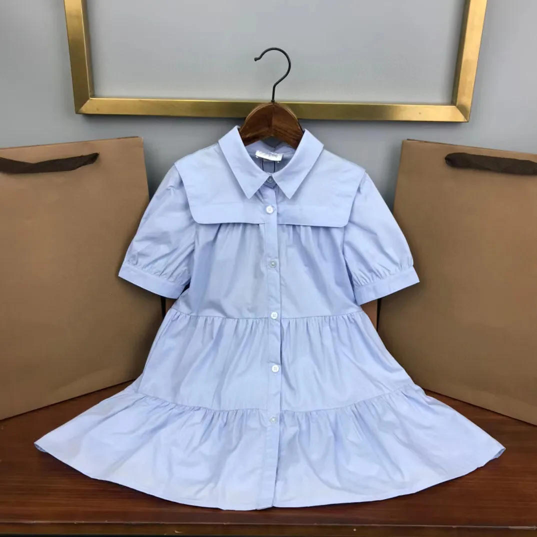 

2022 New Summer Sky Blue White Girl Dress Lapel Short Sleeve Simple Fashion Brand Children's Wear 120-160cm