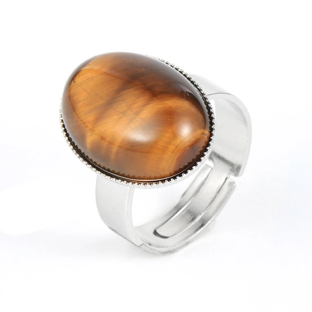 

Crystal Natural Stone Oval Beads Purple Quartz Silver Color Large Finger Adjustable Casual Men Ring Fine Jewelry for Women