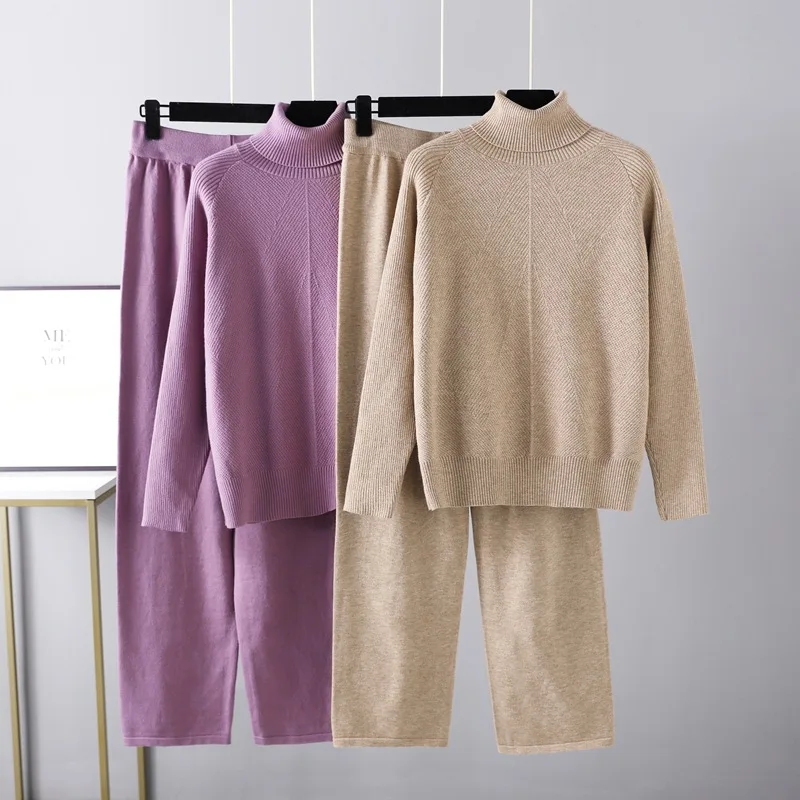 Casual Solid Knitted Suit Purple Turtleneck Sweater Harem Pants Two Piece Set Women's Clothing 2022 Fall Winter Female Outfit