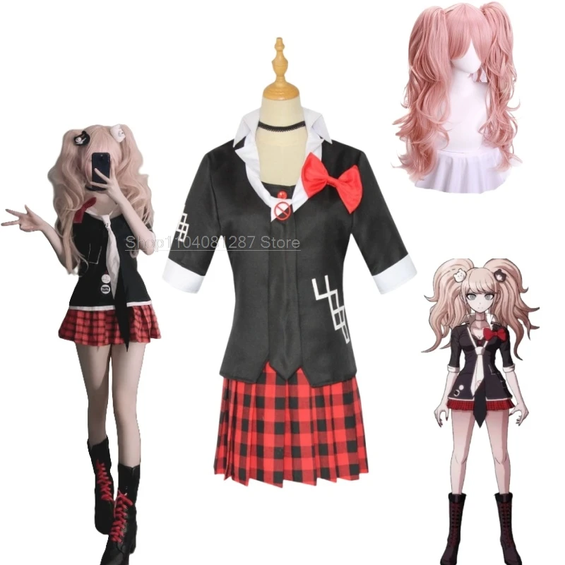 Anime Danganronpa Enoshima Junko Cosplay Costume Uniform Cafe Work Clothes Short Skirt Double Tail Braid Wig Halloween