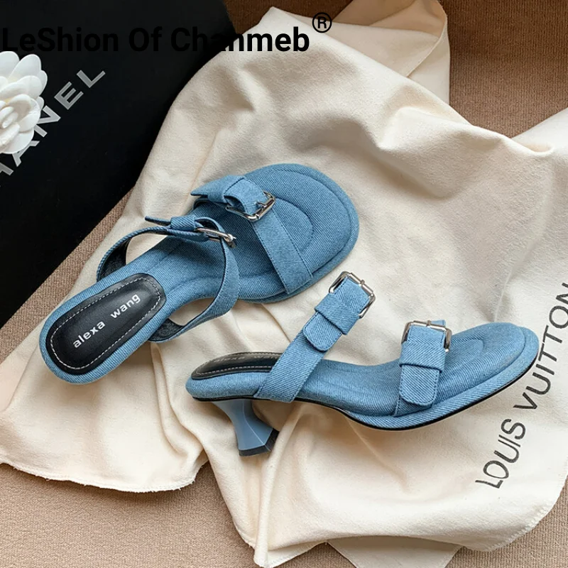 

LeShion Of Chanmeb Women Medium Heels Slides Double Buckle Blue Denim Slippers Jean Sandals Ladies White Leather Mule Flip-Flops