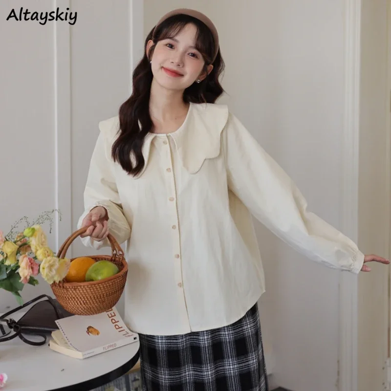 

Kawaii Peter Pan Collar Shirts for Women Vintage Chic Schoolgirls Japanese Style Fashion Youth Camisas Loose Basic Spring Autumn