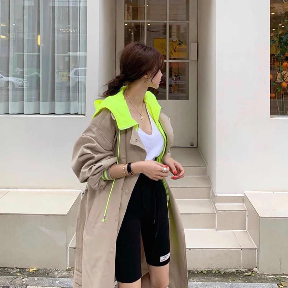 Женский свободный Тренч с капюшоном длинное пальто цвета хаки ФЛУОРЕСЦЕНТНОЕ