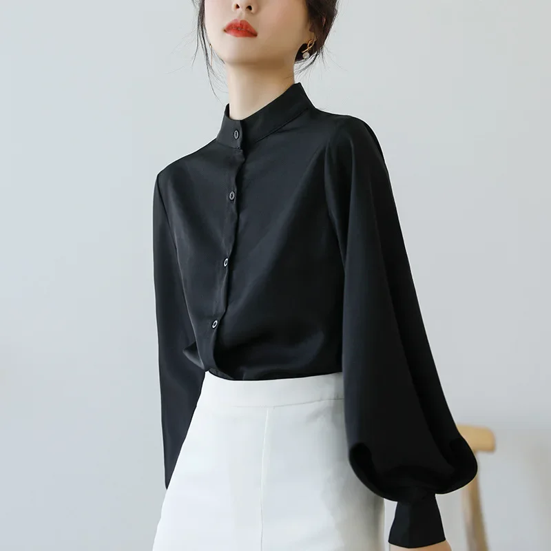 2022 Spring And Autumn Lantern Sleeve Stand Collar White Shirt Women's Korean Style Loose Fit Puff Casual Top |