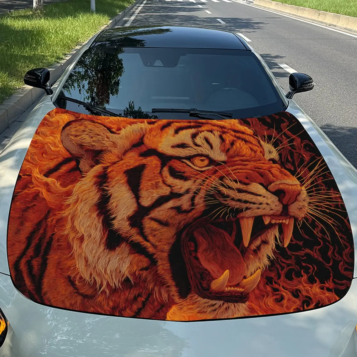 Фото Автомобильные наклейки Dynamic Tiger Roar Design с ревом тигра в жирных оранжевых тонах, наклейка на капот автомобиля Exuding Wild Ferocity, Waterpro №1