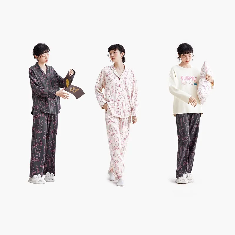 

Высококачественная Пижама для женщин, милая тонкая одежда для сна из мягкого хлопка с длинным рукавом, осенняя Свободная Повседневная Удобная одежда для отдыха для девочек, комплект