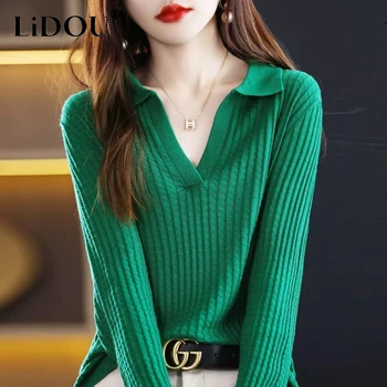 Autumn Winter V-neck Solid Simple Thread Sweater Lady Elegant Fashion All-match Knitting Pullover Top Women Korean Style Jumper 1