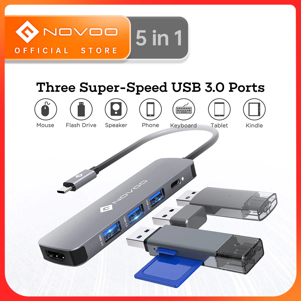 

NOVOO 5-in-1 USB C HUB Type C to HDMI-compatible HUB 3 USB 3.0 Splitter PD100W Fast Charging For MacBook Pro Air Nintendo Switch