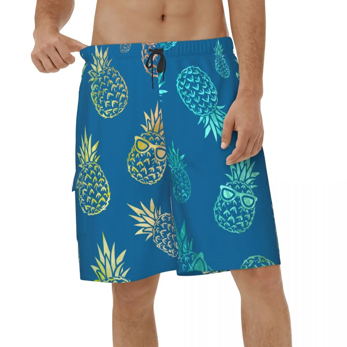 

Blue Tropical Watercolor Pineapple 3D Printed Beach Shorts Men Summer Casual Swimwear Quick Dry Sports Vacation Board Shorts