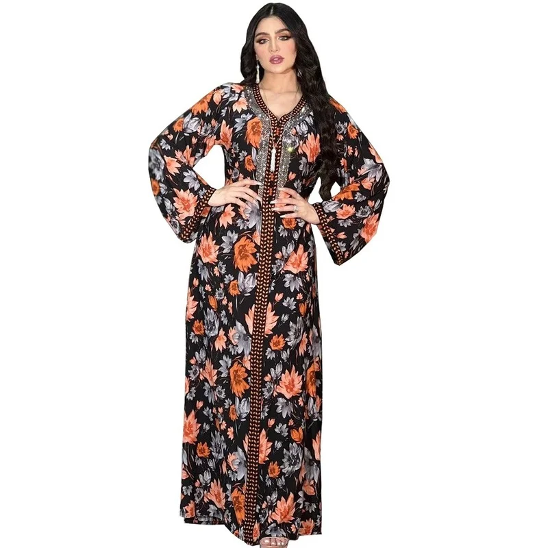 

Elegant Muslim Abaya Women Dress India Turkey Abayas Eid Mubarak Long Sleeve Print Moroccan Kaftan Caftan Lady Musulman Vestidos