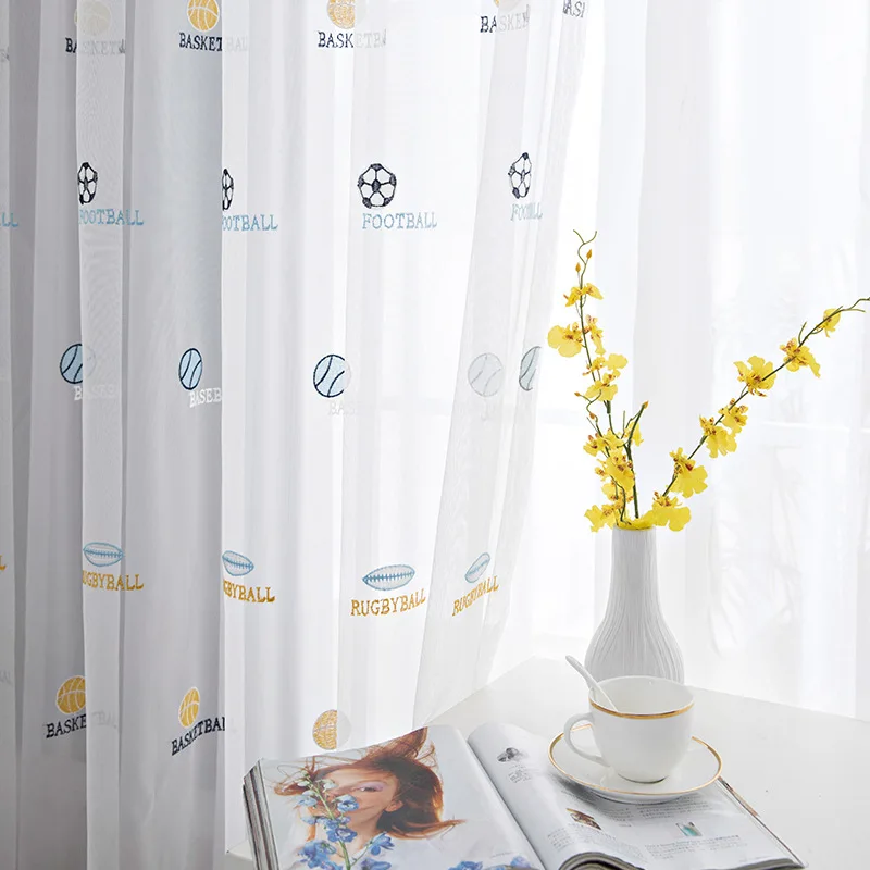 

White Curtains for Boy Kids Room Living Room Bedroom Window Embroidered Sheer Football Tulle Drape Ready Made 02