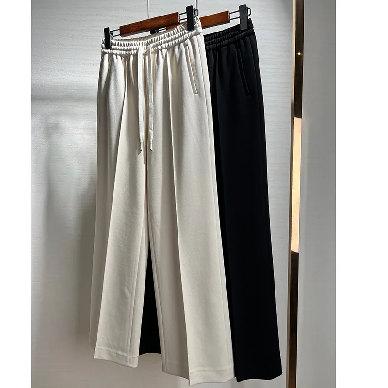 Women Straight-leg Pants Micro-elastic Autumn Casual Wide-leg Trousers Winter Bottom Cropped Elastic Waist Wide Leg Strong Drape