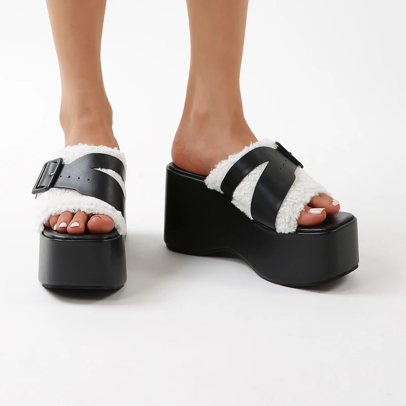 Square Toe Platform Wedges Wool Belt Buckle Women's Slippers Summer Fashion Solid Color Simple Slip On Muller Shoes Soft Leather