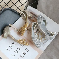 2022 summer girls sandals childrens performance shoes kids girls pearl chain crystal high heel princess shoes 3 12 years old