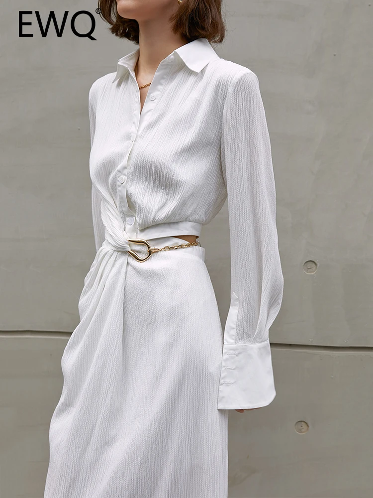 

EWQ French Irregular Gathered Waist Elegant Dress Long For Women Lapel Cardigan Evening Dresses 2023 Spring New Clothing 26D2261