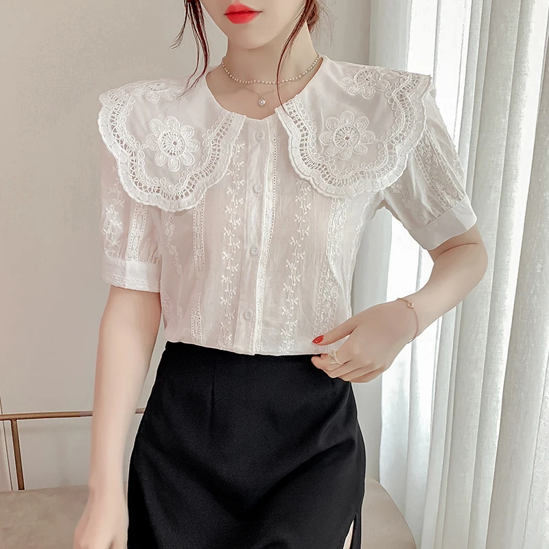 Блузка женская с цветочным принтом шикарная ажурная белая рубашка кукольным