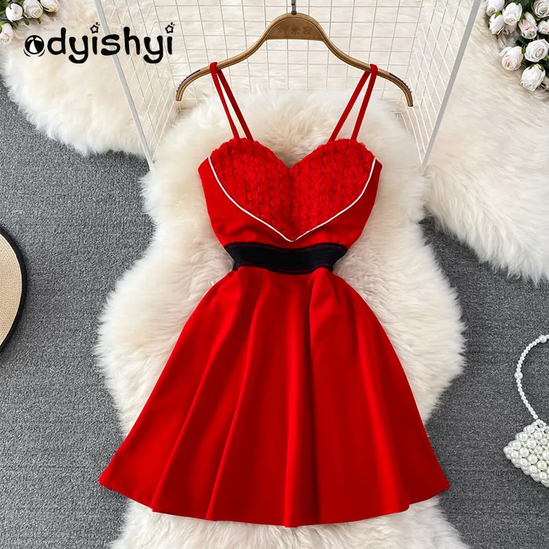 

2023 Spring Summer Women Dress Sleeveless Spaghetti Strap Sexy Party Lady Dress Three Dimensional Love Flower Decoration Dresses