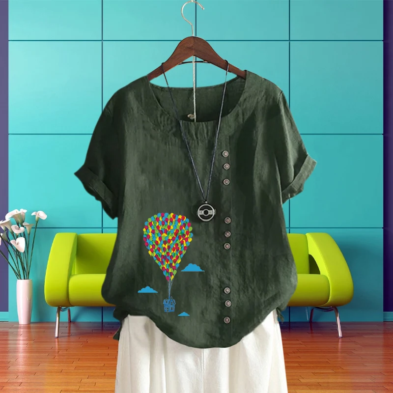 

Футболка женская с круглым вырезом, яркая рубашка с коротким рукавом, с принтом горячих воздушных шаров, хлопковая льняная Повседневная Сво...