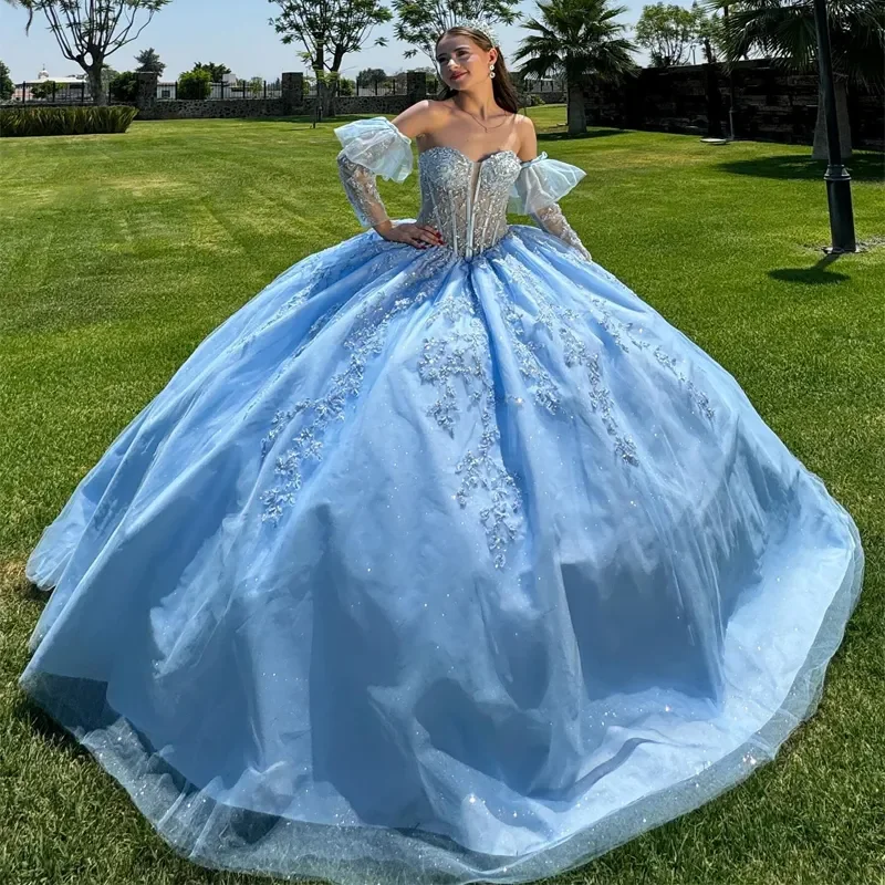 Gillter искусственное синее платье принцессы Quinceanera красивое с аппликацией и
