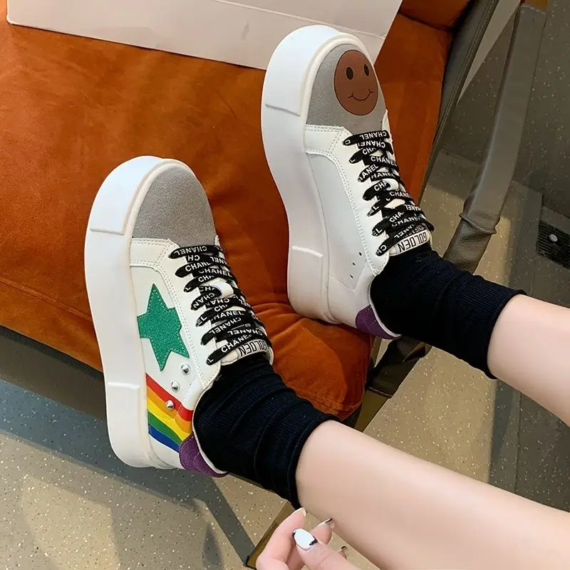 Girls' Little White Shoes, Girls' 2023 Spring and Autumn New Student Korean Version Versatile Matsuke Thick Sole Elevated Casual