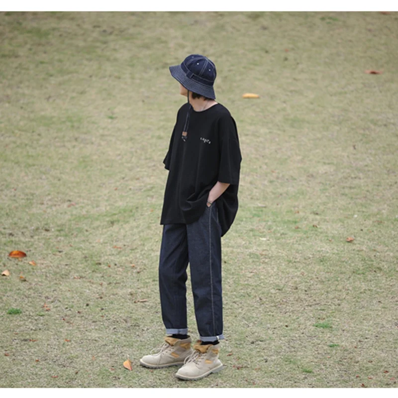 Streetwear Men 2022 New Pattern Vintage Recreational Navy Blue Jeans Loose Straight Cylinder Broad Leg Trousers Autumn Female